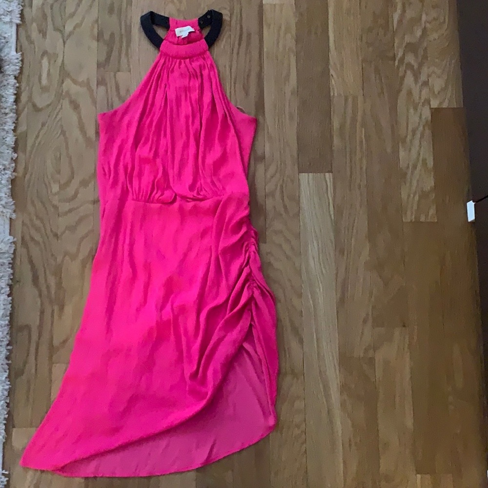 Pink WITCHERY AU 10 mini dress with adjustable leather collar and side slit.